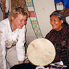 President Meri's wife Helle admiring Canadian Native craft at the Calgary Stampede in 2000.