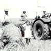 Gus and his three children in 1937. The modern tractor is pulling a "binder" which makes bundles of grain. These were piled into stooks and later fed into threshing machines.