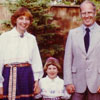 Estonian family and national costumes for an Alberta magazine article, Helgi, Krista and Peter Leesment in Calgary, Alberta in 1980. Helgi and Peter have served as Presidents of the Calgary Estonian Society.