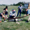 Log sawing is a traditional competition featured at Jaanipäev celebrations in 1992.